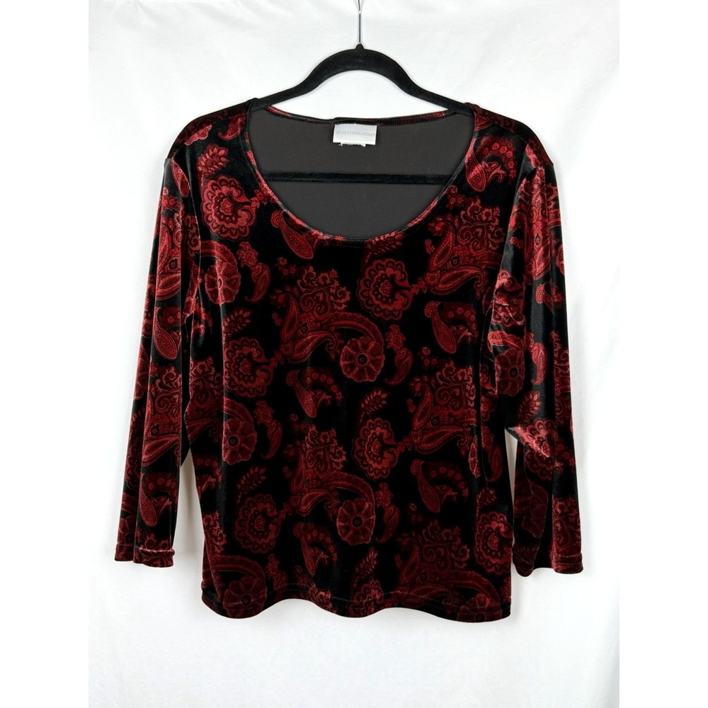 Vtg Worthington Red Black Paisley Velvet Top 3/4 Sleeve L / XL Y2K Whimsigoth